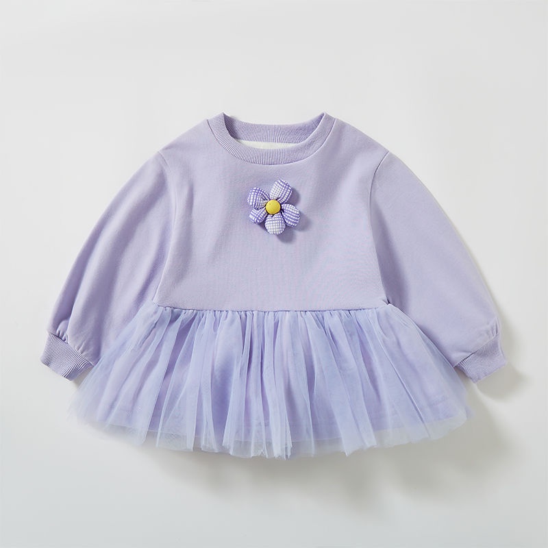 Đầm Bé Gái Tay Dài Phối Lưới Màu Tím Thời Trang Xuân Thu 2023 Mới