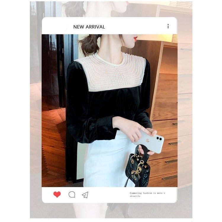 Áo Thun Tay Dài Vải Nhung Đính Hạt Vàng Phong Cách Châu Âu Thời Trang Mùa Thu 2023 Cho Nữ