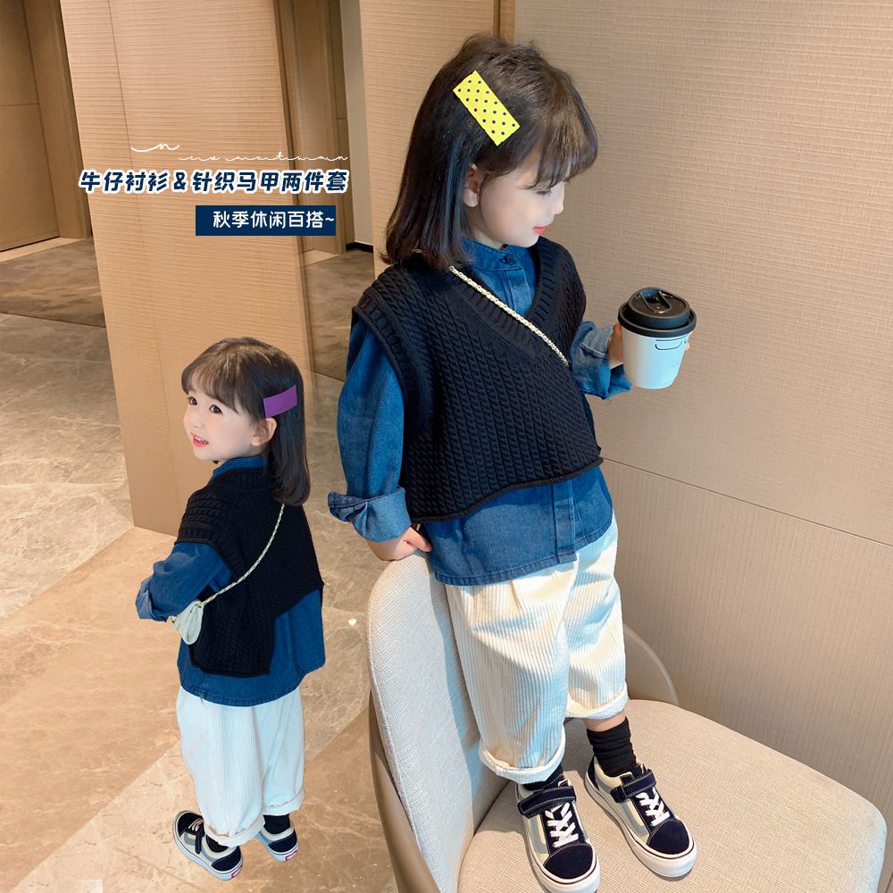 Bộ Áo Sơ Mi denim + Áo Khoác Jean Thời Trang Xuân Thu Cho Bé Gái