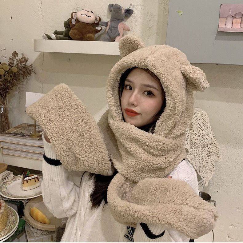 Mũ Trùm Đầu Kèm Khăn Choàng Cổ Và Găng Tay Lông Xù Giữ Ấm Mùa Thu Đông Phong Cách Hàn Quốc Dễ Thương Dành Cho