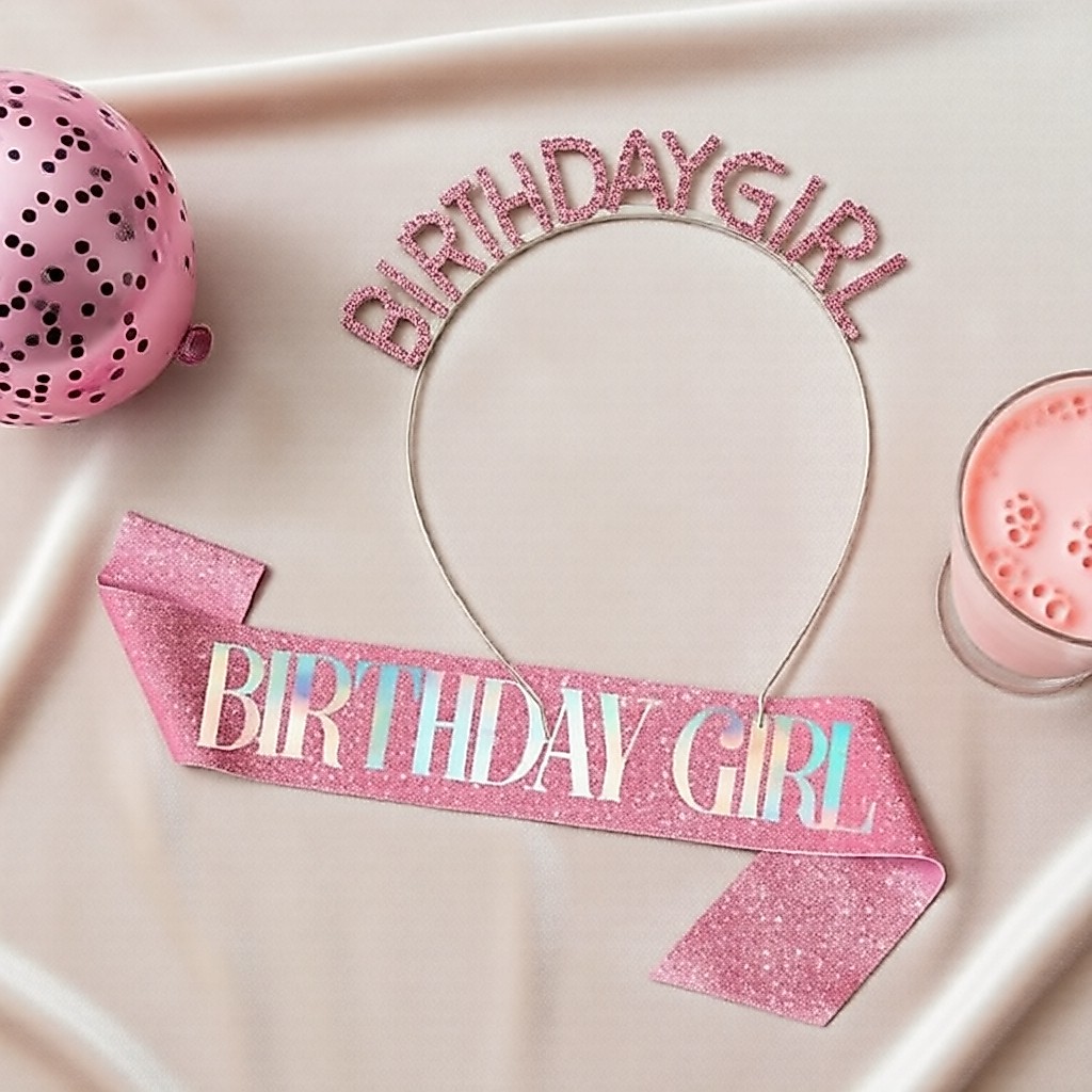 Sash lấp lánh vàng Birthday Girl & Bộ băng đô Happy Birthday