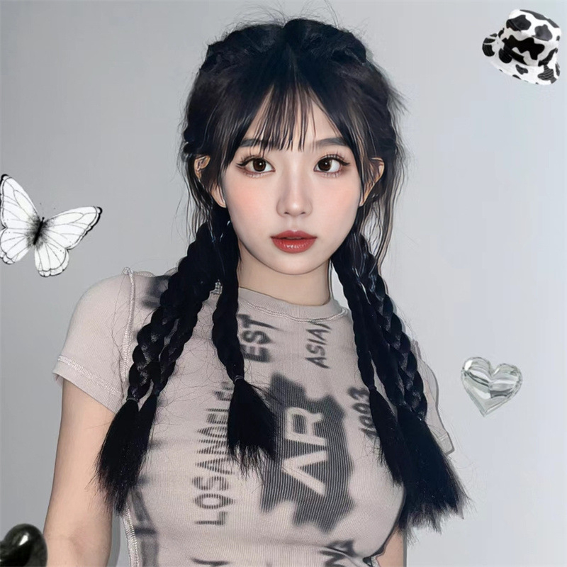 Kids Twist Braids Hair Extension Black Brown Cute Elastic Rope Pearl Synthetic Braids Ponytail Wig