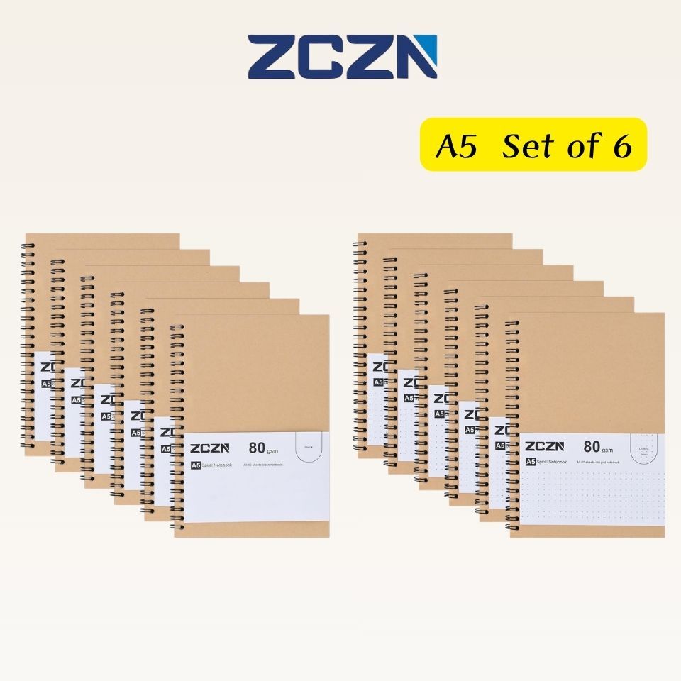 ZCZN A5 Spiral Notebook 6-Pack 60 Sheets Blank / Dot Grid