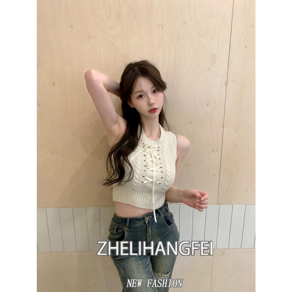 ZHELIHANGFEI Áo Dệt Kim Không Tay Lưng Cao Dáng Ôm Thời Trang Quyến Rũ Cho Nữ