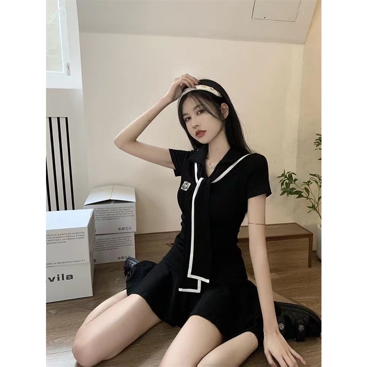 ZHELIHANGFEI Đầm Thủy Thủ Dáng Ôm Thắt Eo Hẹp Màu Xanh Dương Phong Cách Preppy Ngọt Ngào