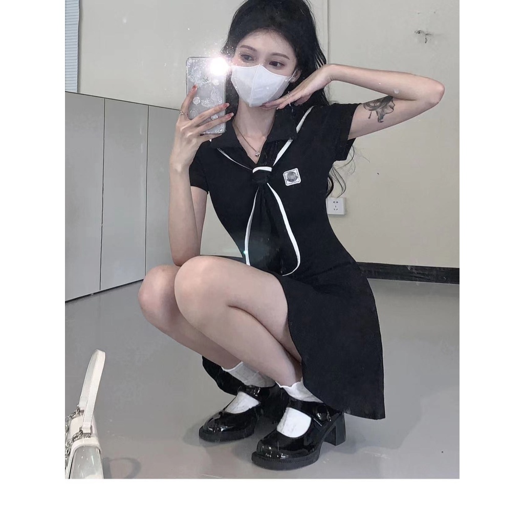 ZHELIHANGFEI Đầm Thủy Thủ Dáng Ôm Thắt Eo Hẹp Màu Xanh Dương Phong Cách Preppy Ngọt Ngào