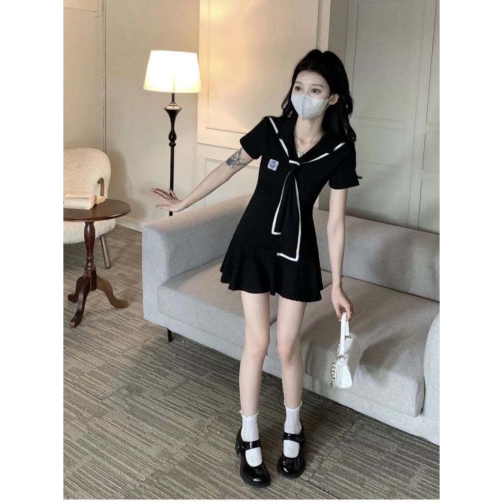 ZHELIHANGFEI Đầm Thủy Thủ Dáng Ôm Thắt Eo Hẹp Màu Xanh Dương Phong Cách Preppy Ngọt Ngào