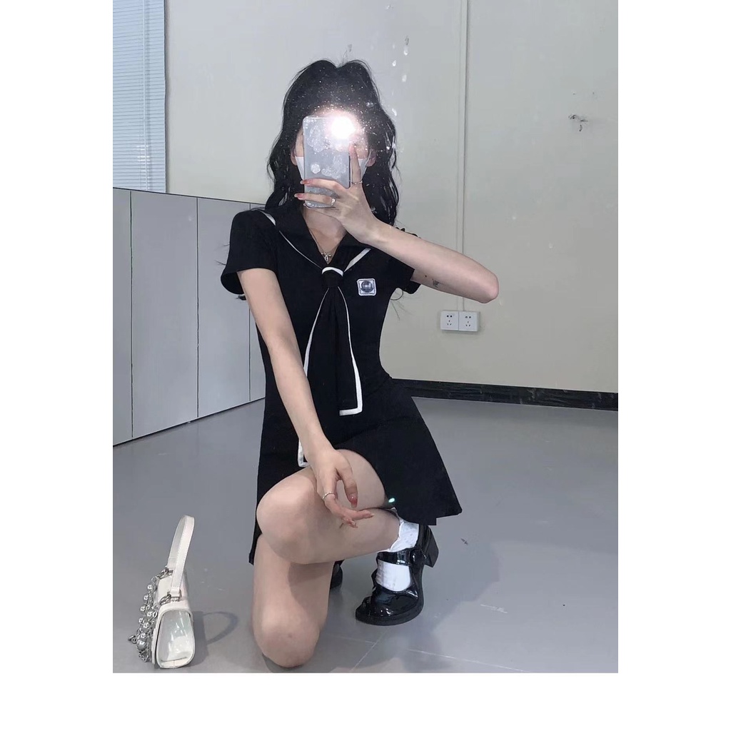 ZHELIHANGFEI Đầm Thủy Thủ Dáng Ôm Thắt Eo Hẹp Màu Xanh Dương Phong Cách Preppy Ngọt Ngào