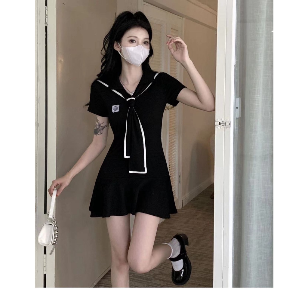 ZHELIHANGFEI Đầm Thủy Thủ Dáng Ôm Thắt Eo Hẹp Màu Xanh Dương Phong Cách Preppy Ngọt Ngào