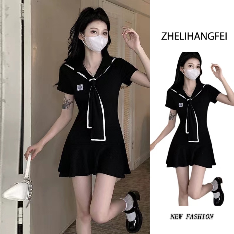 ZHELIHANGFEI Đầm Thủy Thủ Dáng Ôm Thắt Eo Hẹp Màu Xanh Dương Phong Cách Preppy Ngọt Ngào