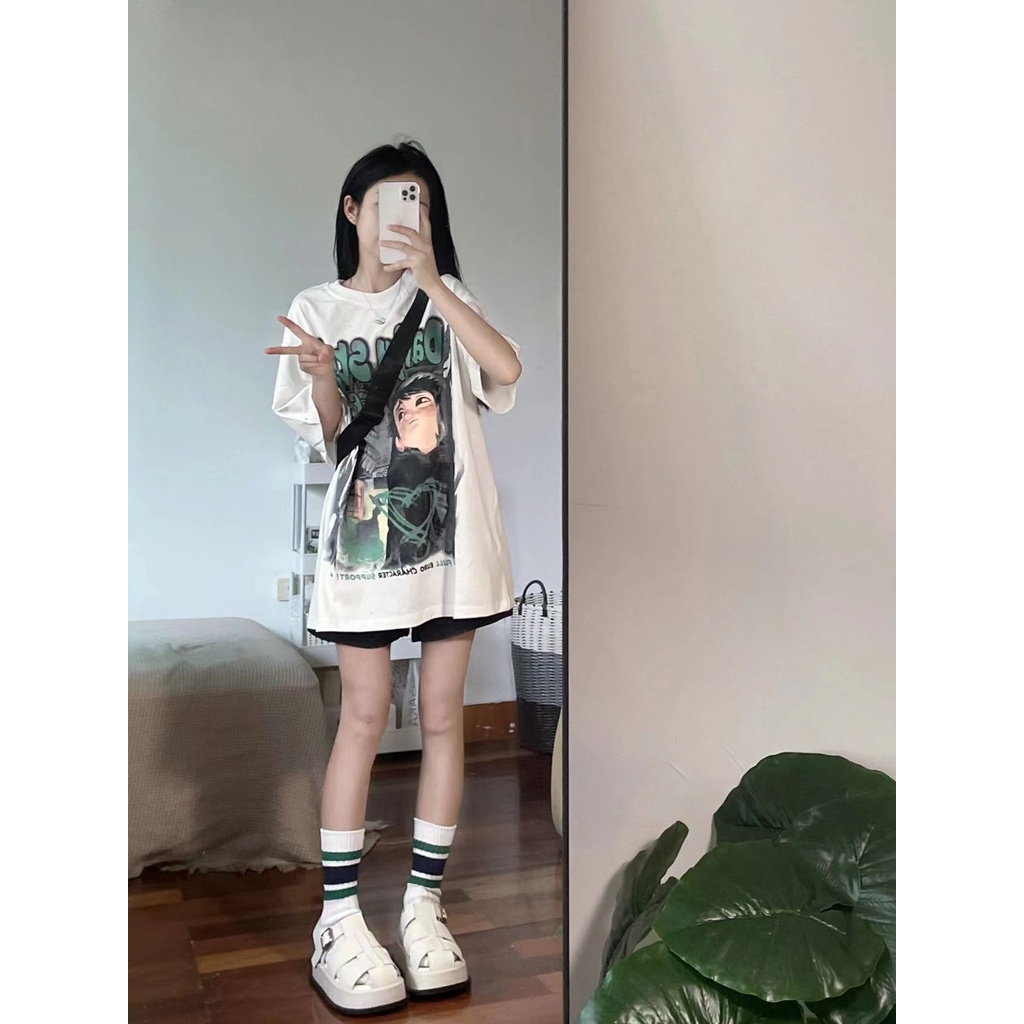 ZHELIHANGFEI Áo Thun Tay Ngắn Form Rộng Họa Tiết In Theo Xu Hướng