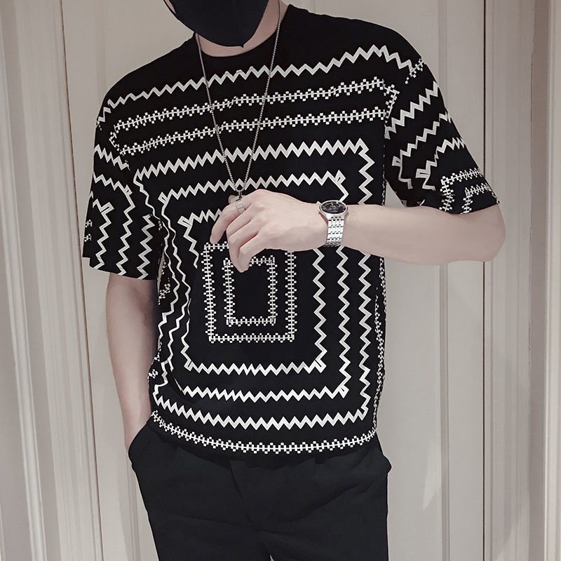 Áo Thun Tay Ngắn Cổ Tròn Họa Tiết Kẻ Sọc Thời Trang Mùa Hè Cho Nam