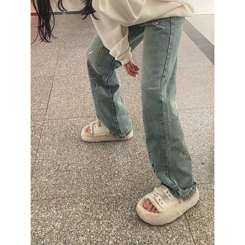 ZHELIHANGFEI Quần Jean Lưng Cao Form Rộng Theo Phong Cách Retro