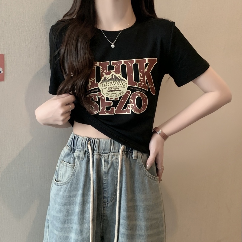 ZHELIHANGFEI Áo Thun Ngắn Tay Dáng Rộng Lưng Cao Với Họa Tiết In Hình Chữ Cái