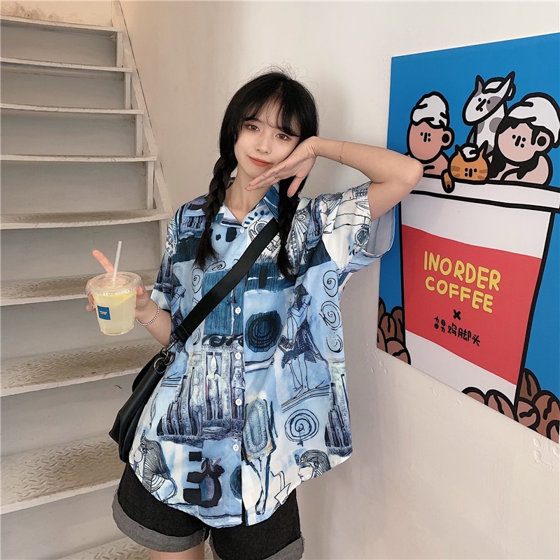 ZHELIHANGFEI Áo Sơ Mi Ngắn Tay Dáng Rộng Thời Trang Retro Nhật Bản