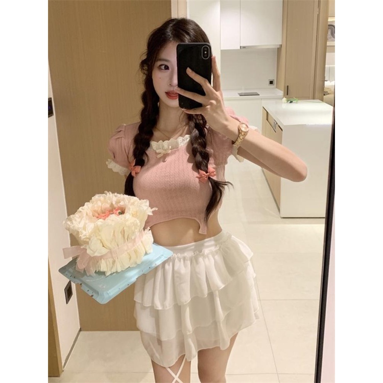 ZHELIHANGFEI Áo Dệt Kim Ngắn Tay Lưng Cao Thời Trang Xinh Xắn Cho Nữ