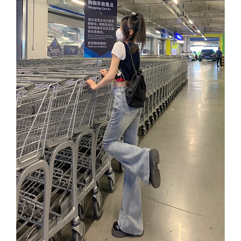 ZHELIHANGFEI Quần Jean Lưng Cao Ống Rộng Phong Cách Retro Mỹ