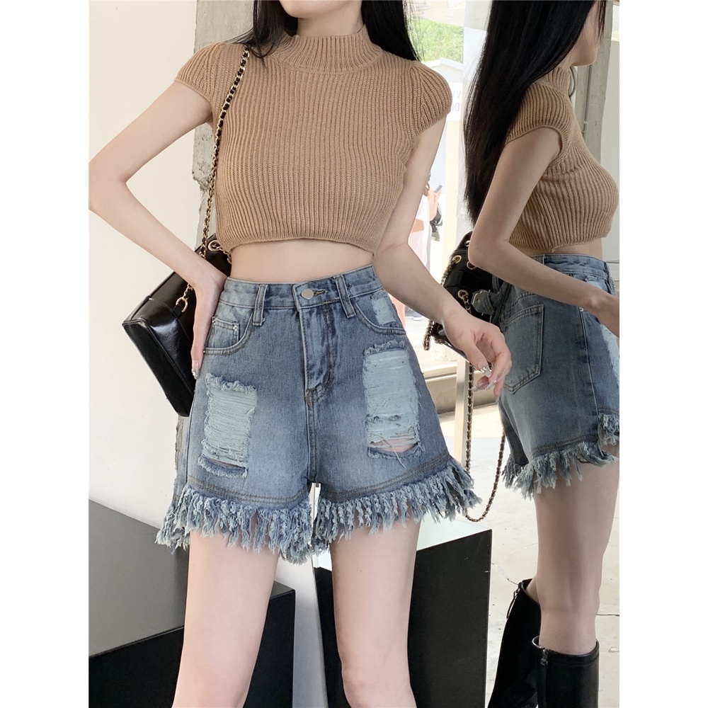 ZHELIHANGFEI Quần Short Jean Lưng Cao Kiểu Rách Theo Phong Cách Retro Mỹ