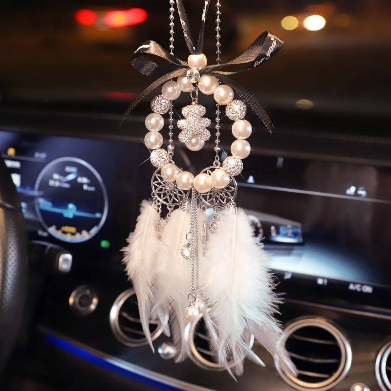 * * D Y Treo Trang Trí Tr N Th t Xe * Tik Tok Dây Treo Xe Hơi Đính Ngọc Trai Giả Lông Vũ