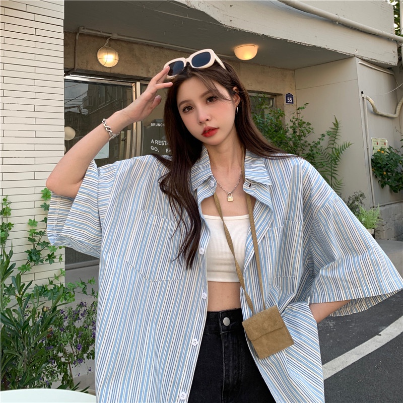 ZHELIHANGFEI Áo Sơ Mi Tay Ngắn Dáng Rộng Họa Tiết Kẻ Sọc Phong Cách Hồng Kông Cá Tính