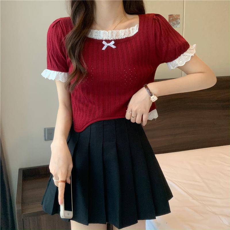 ZHELIHANGFEI Áo Dệt Kim Ngắn Tay Lưng Cao Thời Trang Xinh Xắn Cho Nữ