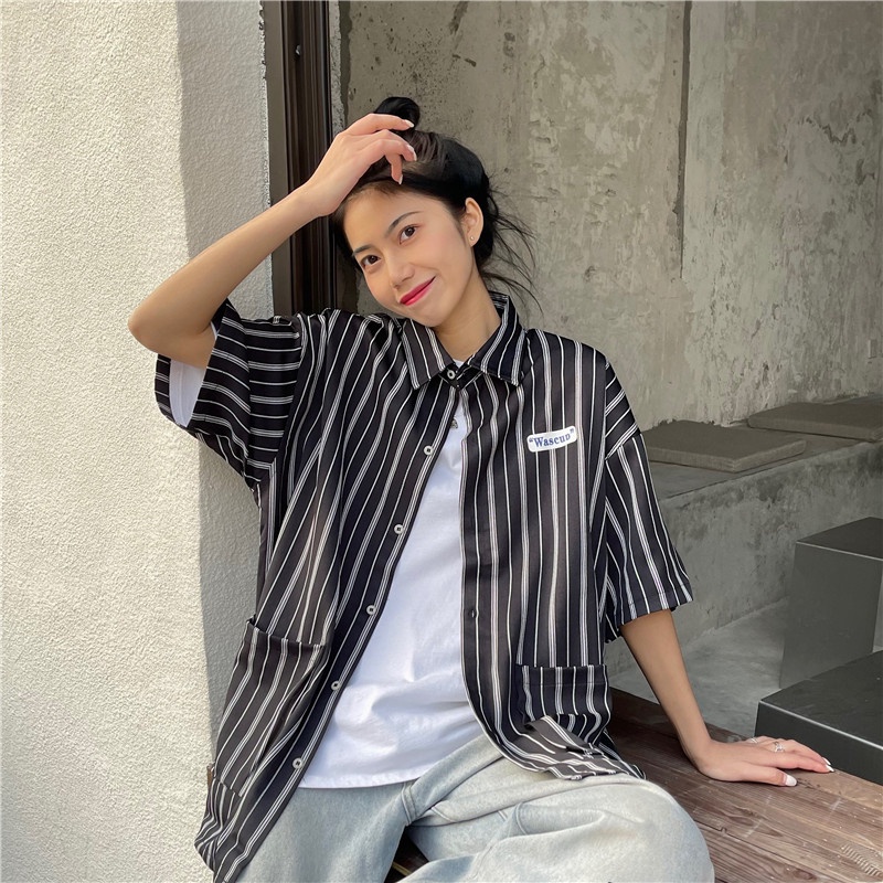 ZHELIHANGFEI Áo Sơ Mi Ngắn Tay Dáng Rộng Hoa Văn Kẻ Sọc Giản Dị