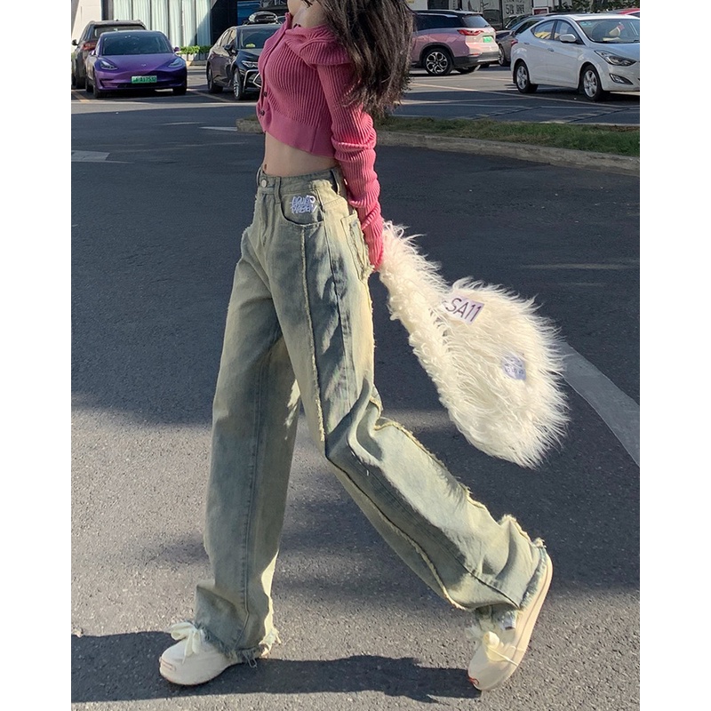 ZHELIHANGFEI Quần Jean Lưng Cao Ống Suông Theo Phong Cách Retro