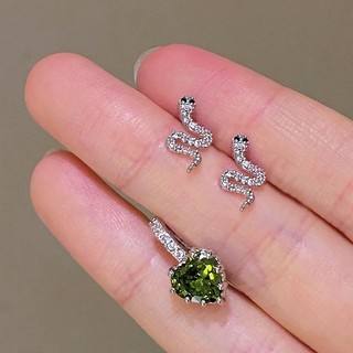Bông tai đính đá nhân tạo xanh và kẹp vành tai nữ bạc đeo 1 bên rắn bạc đẹp phong cách Hàn Quốc Boho