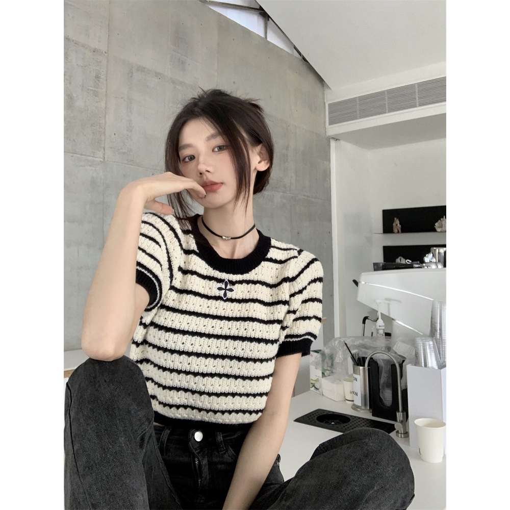 ZHELIHANGFEI Áo Thun Dệt Kim Tay Ngắn Lưng Cao Thời Trang Quyến Rũ Cho Nữ