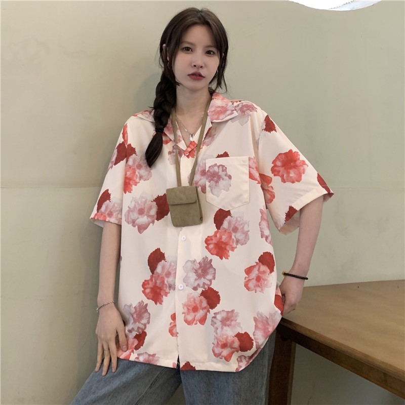 ZHELIHANGFEI Áo Sơ Mi Hoa Tay Ngắn Dáng Rộng Dễ Phối Đồ