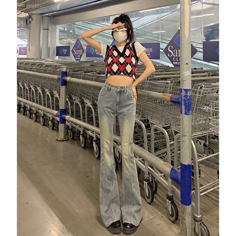 ZHELIHANGFEI Quần Jean Lưng Cao Ống Rộng Phong Cách Retro Mỹ