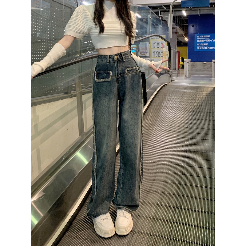 ZHELIHANGFEI Quần Jean Dài Ống Rộng Áp Suất Cao Kiểu Retro Mỹ Cá Tính