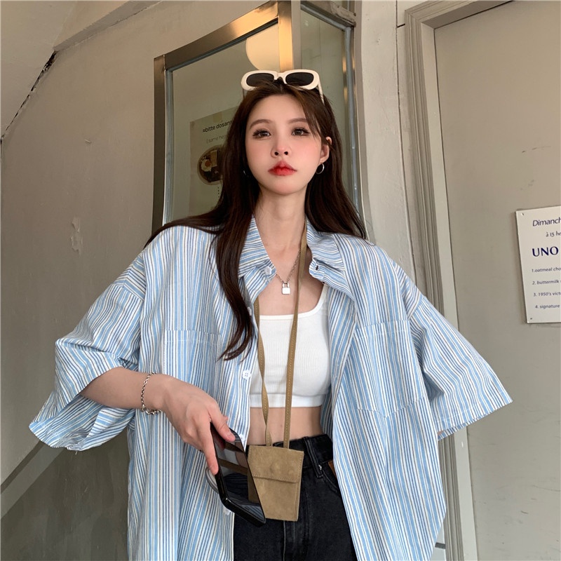 ZHELIHANGFEI Áo Sơ Mi Tay Ngắn Dáng Rộng Họa Tiết Kẻ Sọc Phong Cách Hồng Kông Cá Tính