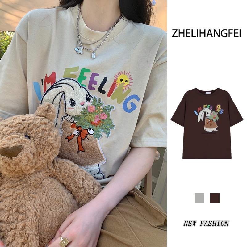 ZHELIHANGFEI Áo Thun Tay Ngắn Form Rộng Họa Tiết In Dễ Phối Đồ