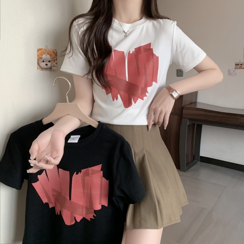 ZHELIHANGFEI Áo thun in hình trái tim ngắn tay phong cách cao cấp đa năng thể thao