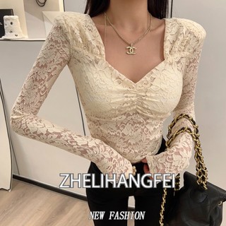 ZHELIHANGFEI Áo Kiểu Tay Dài Cổ Chữ V Phối Ren Phong Cách Hàn Quốc Thời Trang Quyến Rũ Cho Nữ