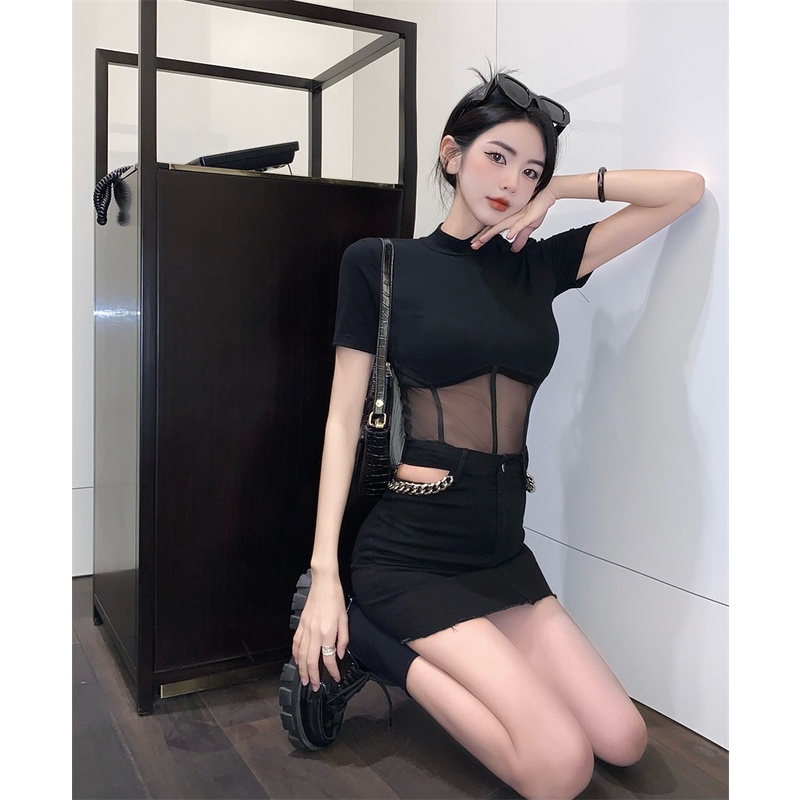 ZHELIHANGFEI Áo Thun Ngắn Tay Phối Lưới Lưng Cao Thiết Kế Quyến Rũ Thời Trang