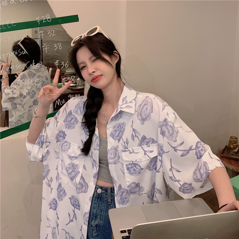 ZHELIHANGFEI Áo sơ mi in POLO cổ áo ngắn tay phong cách trường cao đẳng ngọt ngào và chống nắng cay