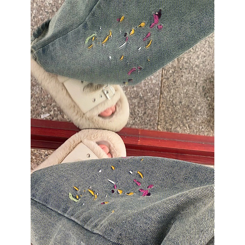 ZHELIHANGFEI Quần Jean Lưng Cao Form Rộng Theo Phong Cách Retro