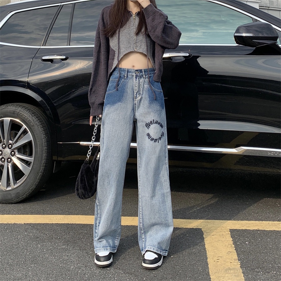 ZHELIHANGFEI Quần jeans người Mỹ retro thẳng quần lưng cao ống rộng quần casual