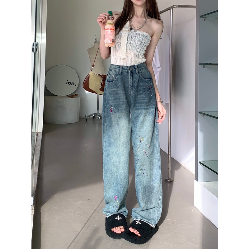 ZHELIHANGFEI Quần Jean Lưng Cao Form Rộng Họa Tiết Thêu Theo Phong Cách Retro