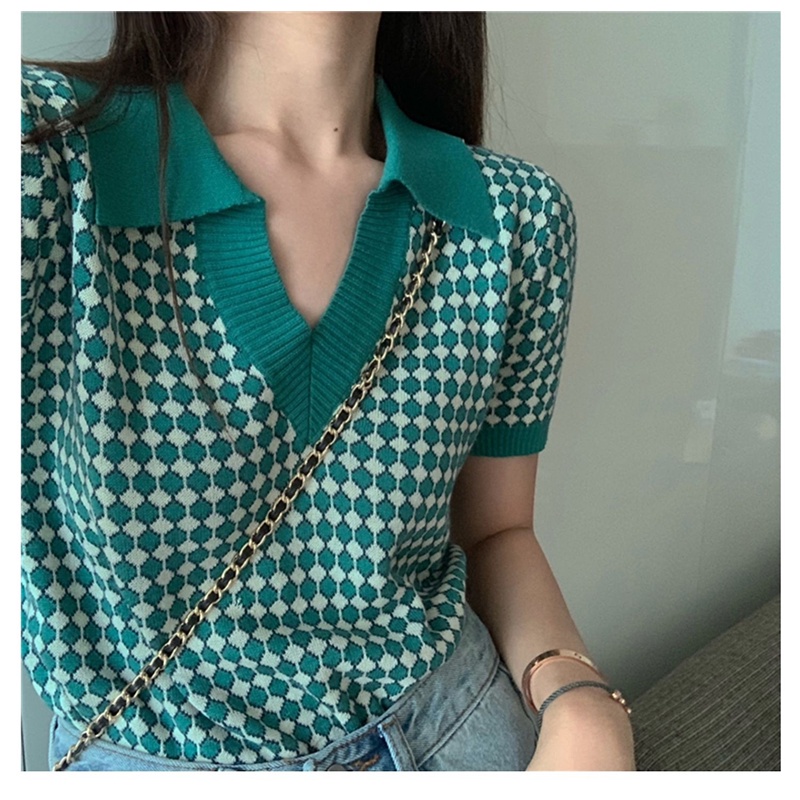 ZHELIHANGFEI Áo Len Tay Ngắn Cổ Chữ V Form Rộng Theo Phong Cách Retro Dễ Phối Đồ