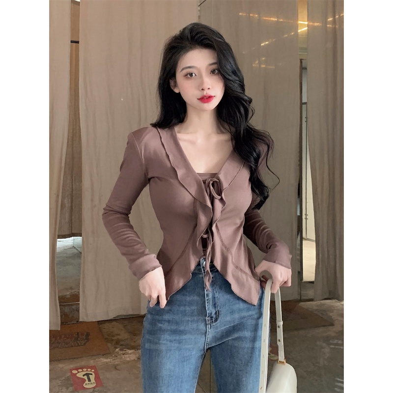 Áo Dệt Kim Tay Dài Cổ Chữ V Thiết Kế Bất Đối Xứ