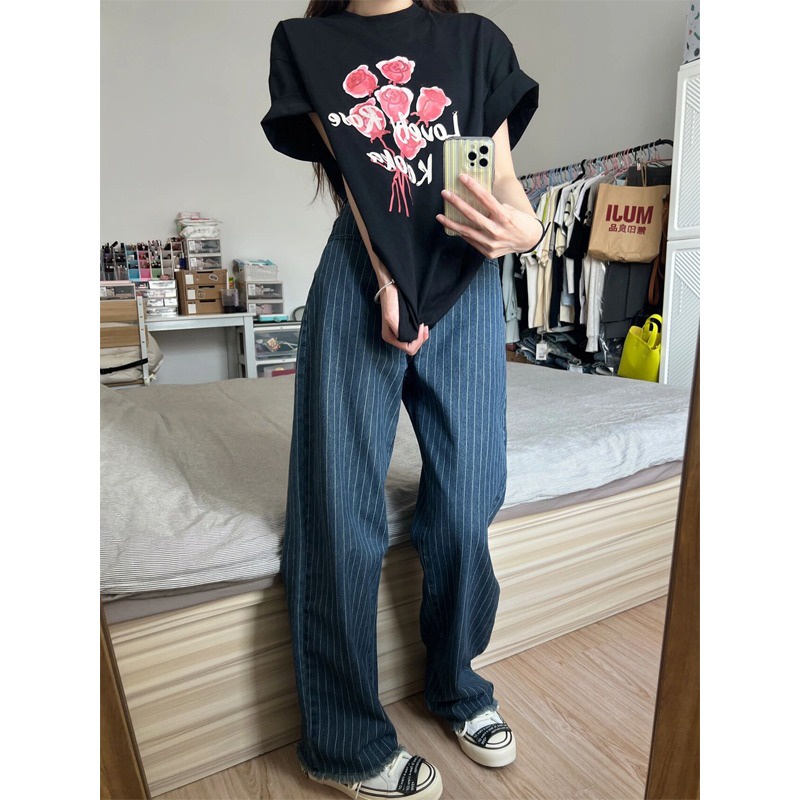 ZHELIHANGFEI Quần Jean Lưng Cao Ống Rộng Họa Tiết Sọc Theo Phong Cách Nhật Bản Dễ Phối Đồ