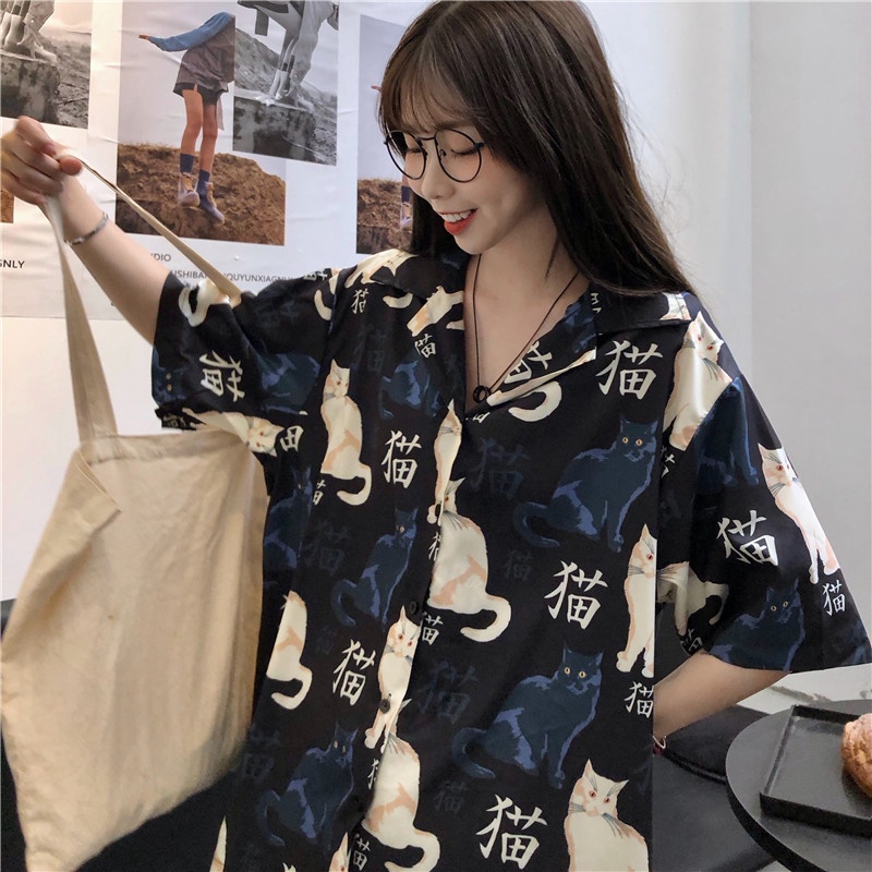 ZHELIHANGFEI Áo Sơ Mi Ngắn Tay Dáng Rộng Phong Cách Retro Harajuku Hong Kong Dễ Phối Đồ