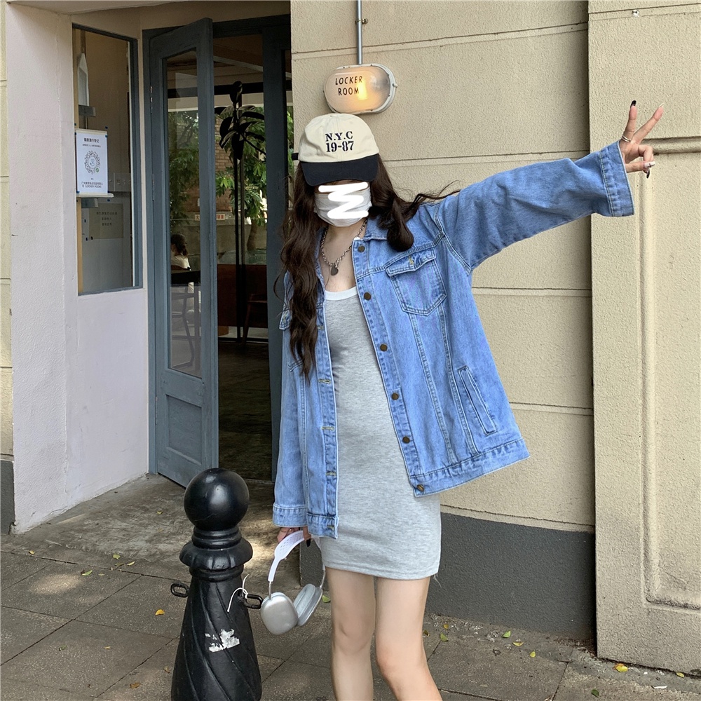 ZHELIHANGFEI Áo Khoác Denim Tay Dài Form Rộng Theo Phong Cách Retro Dễ Phối Đồ