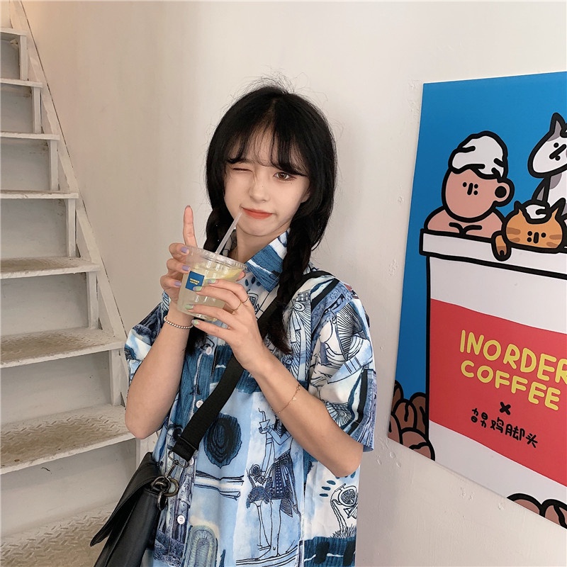 ZHELIHANGFEI Áo Sơ Mi Ngắn Tay Dáng Rộng Thời Trang Retro Nhật Bản