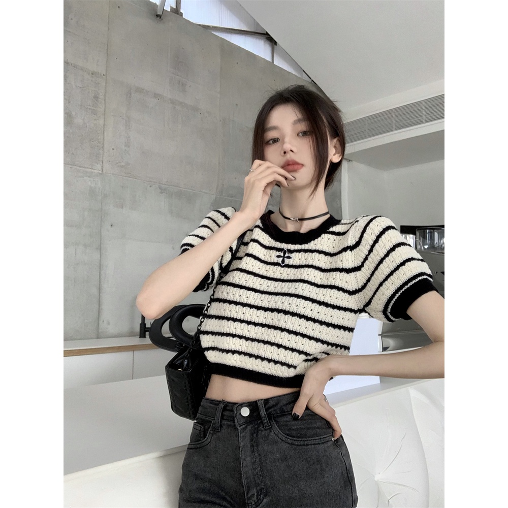 ZHELIHANGFEI Áo Thun Dệt Kim Tay Ngắn Lưng Cao Thời Trang Quyến Rũ Cho Nữ