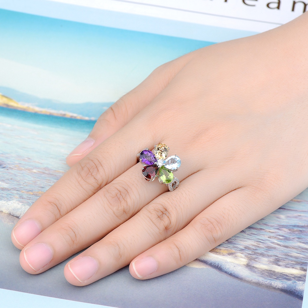 Nhẫn Cưới Mạ Bạc 925 Đính Đá Thạch Anh Tím Tự Nhiên 5.8 Carats