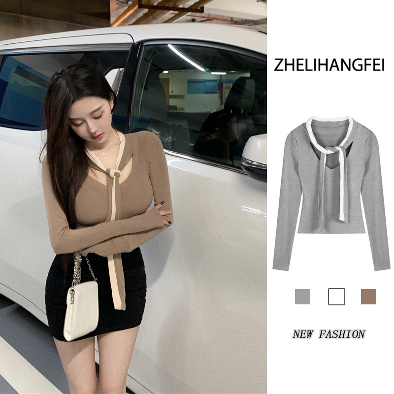ZHELIHANGFEI Áo Thun Lửng Dài Tay Eo Cao Quyến Rũ Dành Cho Nữ